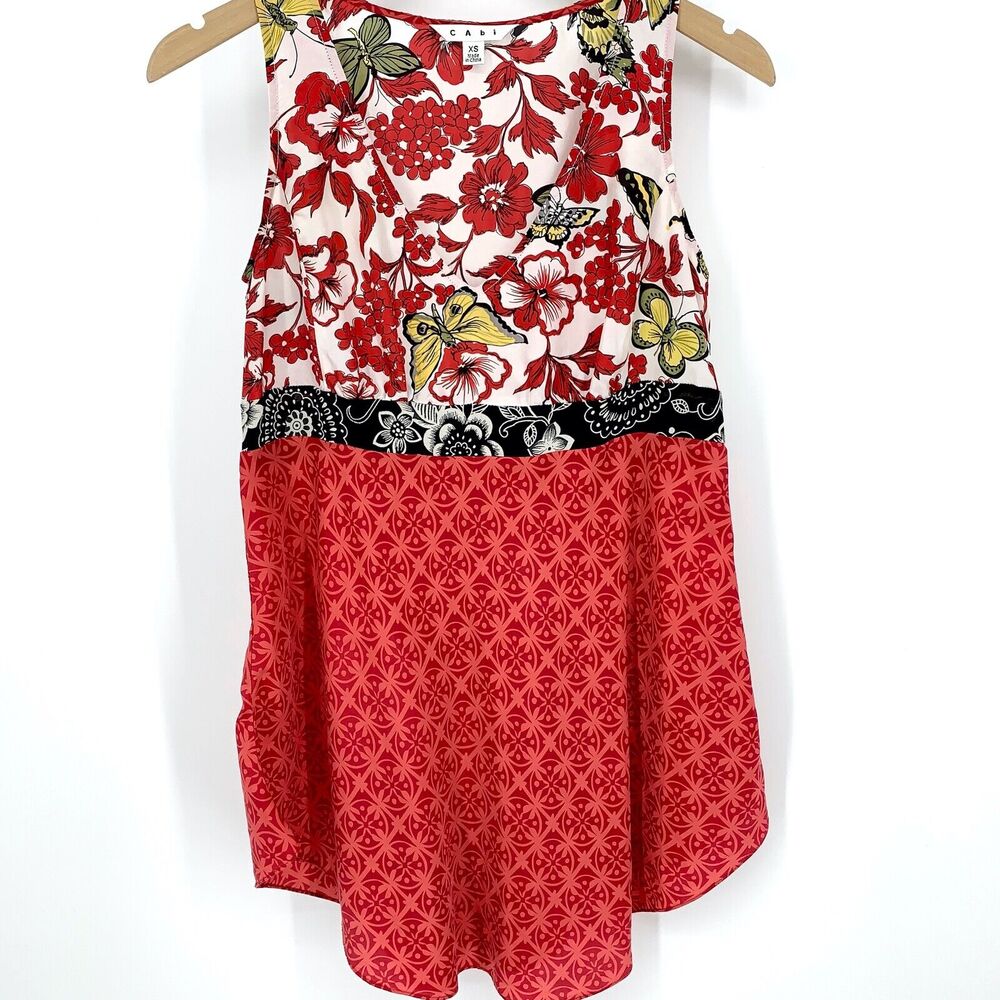 CAbi #948 XS Red Floral Butterfly Empire Tie Waist Silk Blouse Shirt Top Tunic